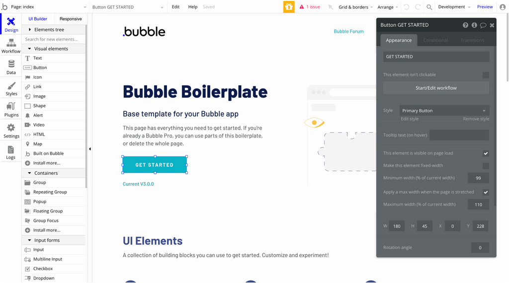 Интерфейс визуального редактора no-code платформы