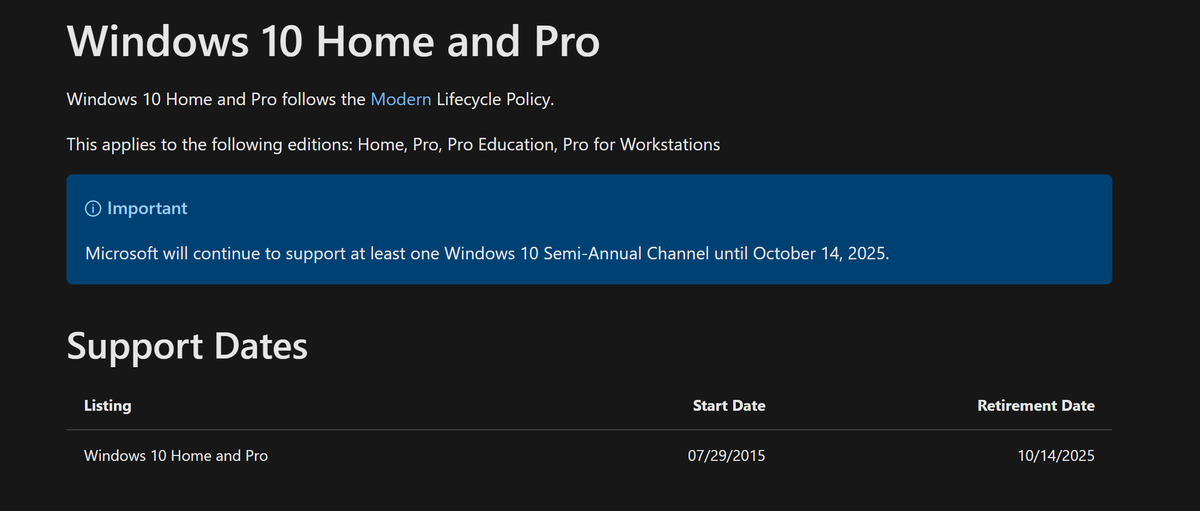 Срок окончания поддержки Windows 10